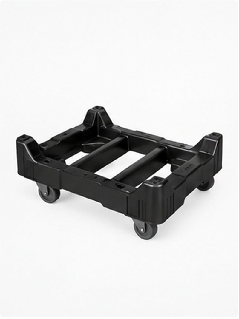 A black wheeled moving dolly for stacking crates