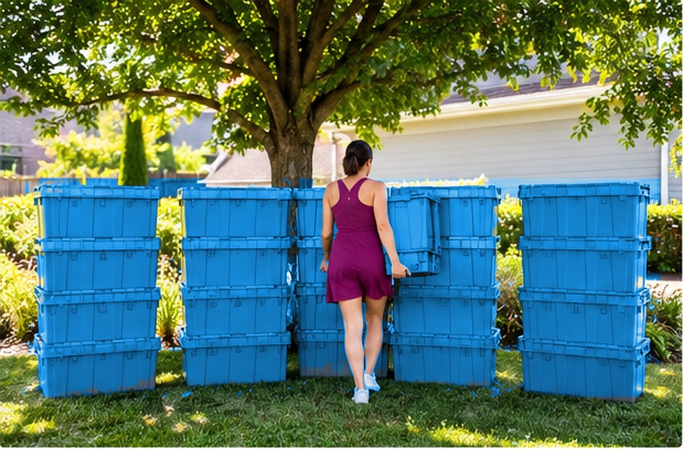 Stacks of blue reusable moving crates lined up on a lawn under a tree, with a customer loading one