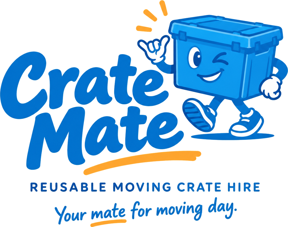 Crate Mate logo — a winking blue crate mascot. Reusable moving crate hire. Your mate for moving day.