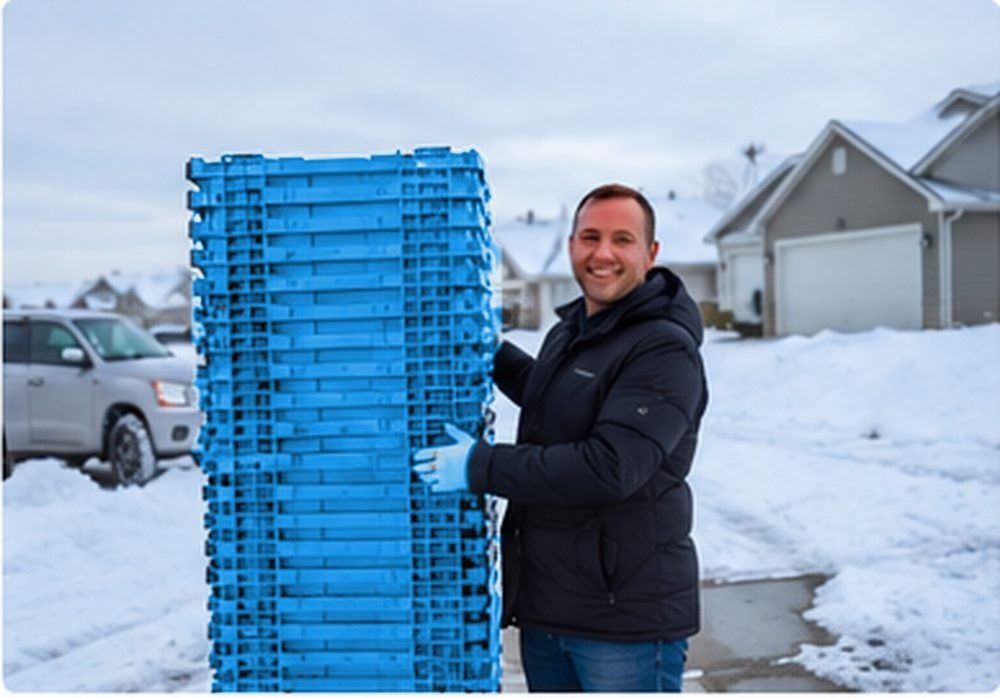 A Crate Mate team member in a winter jacket holding a tall stack of blue crates on a snowy driveway